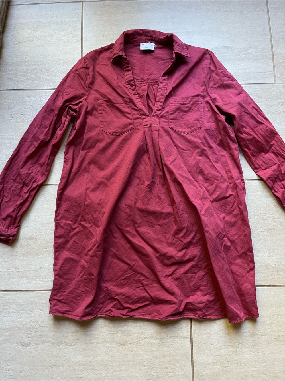ASOS Berry Pink Cotton Shirt Dress Long Sleeve V Neck Button Front mini